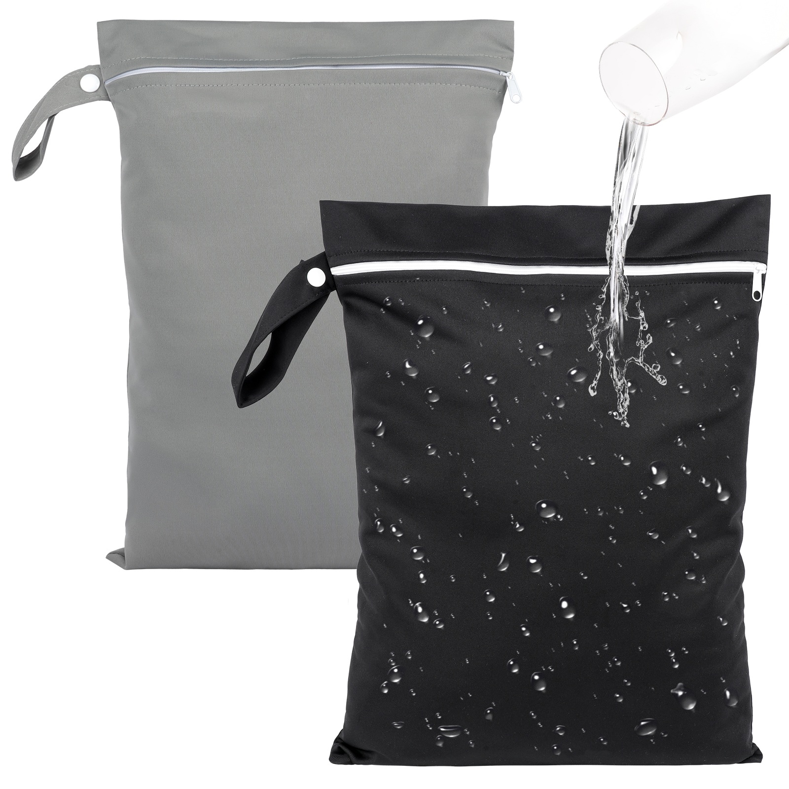 Deepton 2 Stück Nassbeutel 40 x 30 cm, Wetbag Schwimmsachen Schwarz & Grau, Wasserdicht Nasstasche mit Reißverschluss, Wiederverwendbar Reise Wäschesack für Badeanzüge, Strandtücher, Windeln